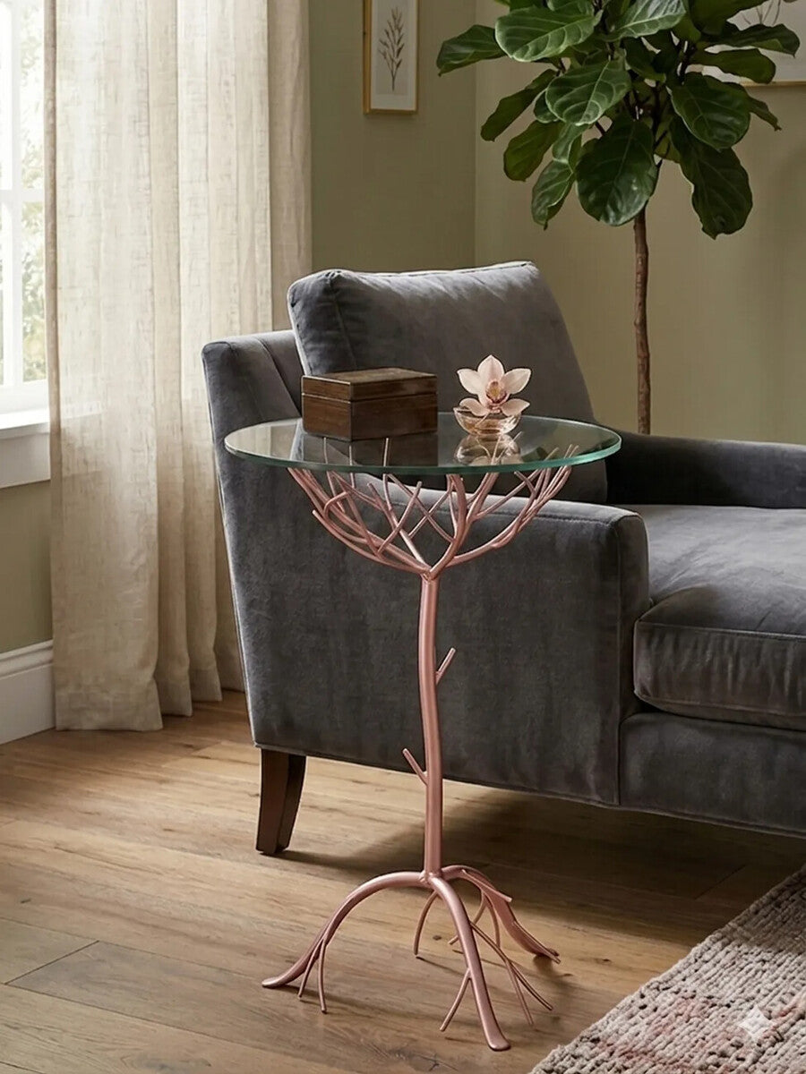 Orsina Lexa Glass Accent Table – Rose Gold Metal Branch Side Table