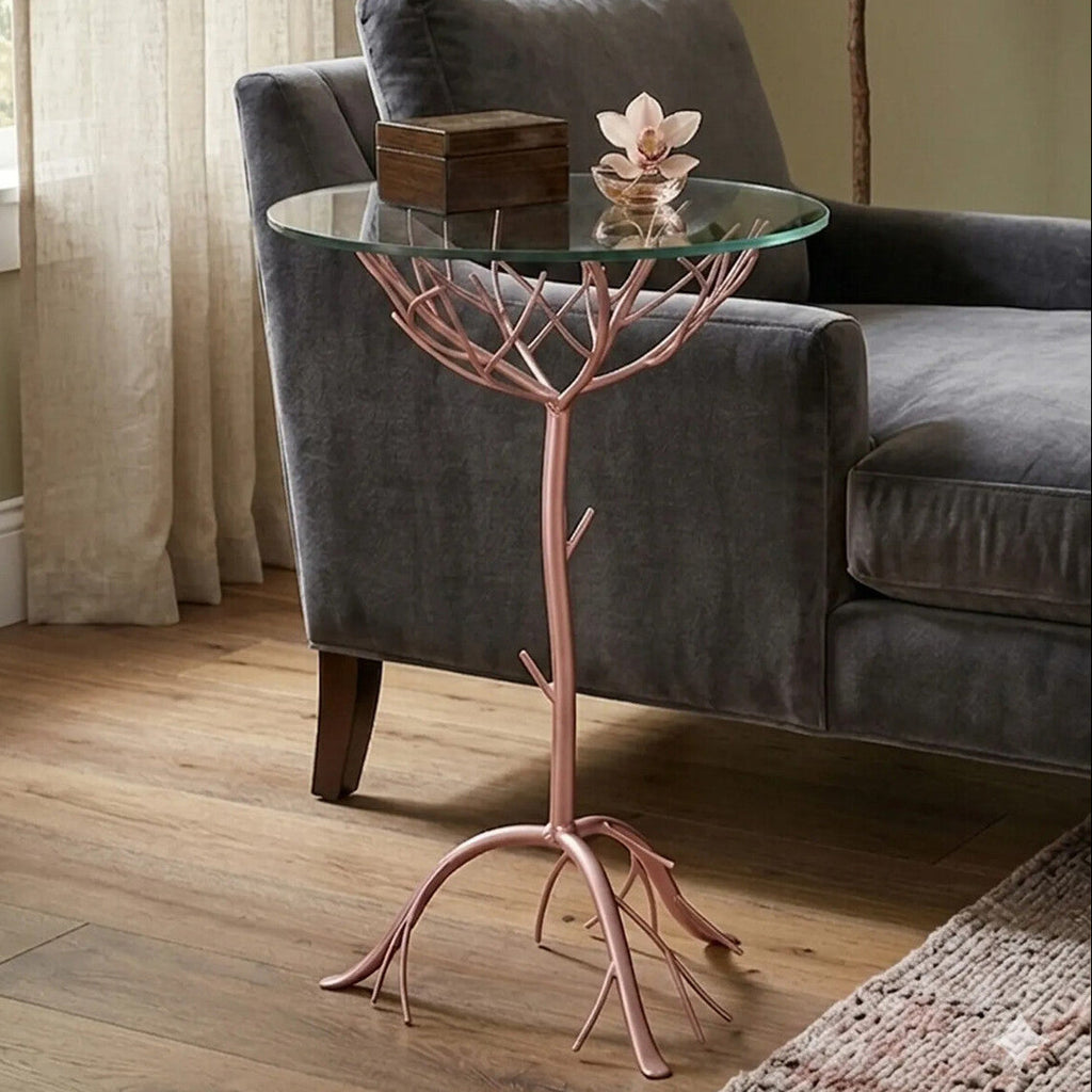 Orsina Lexa Glass Accent Table – Rose Gold Metal Branch Side Table