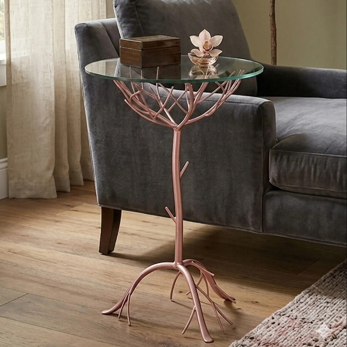 Orsina Lexa Glass Accent Table – Rose Gold Metal Branch Side Table