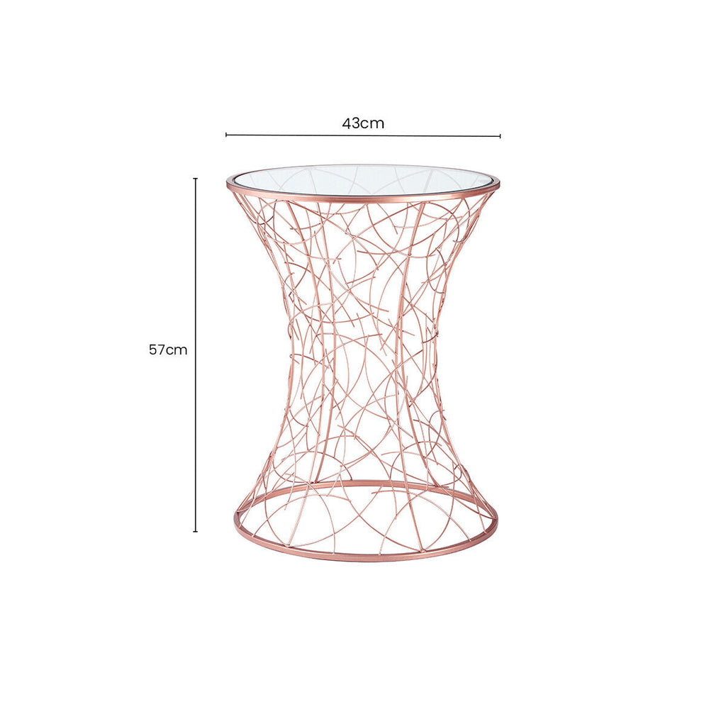 Orsina Lexa Glass Side Table – Rose Gold Sculptural Iron End Table