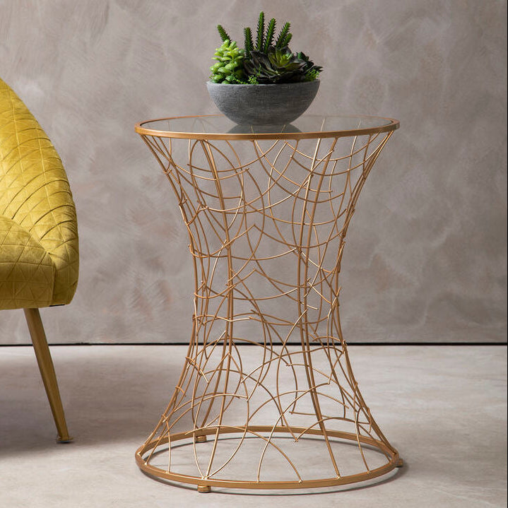 Orsina Lexa Glass Side Table – Rose Gold Sculptural Iron End Table