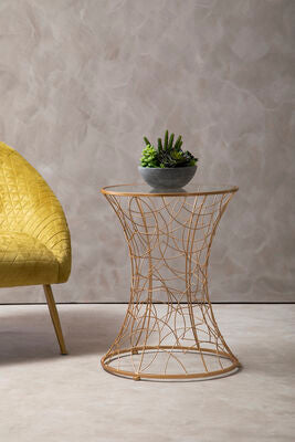 Orsina Lexa Glass Side Table – Rose Gold Sculptural Iron End Table