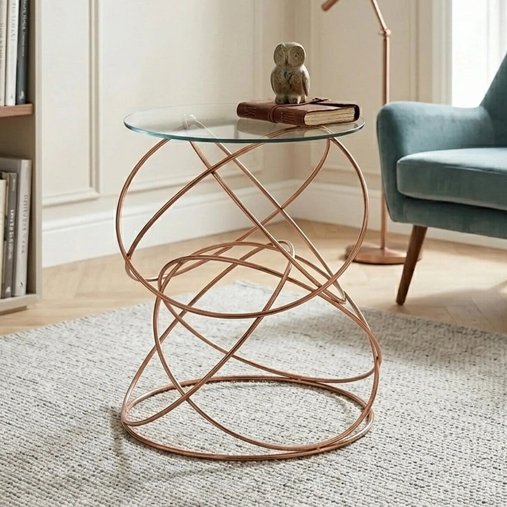 Orsina Lexa Glass Side Table – Gold Geometric Metal Accent Table