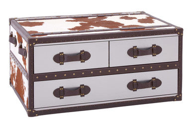 Orsina Brown and White Cowhide Coffee Table with 3 Storage Drawers