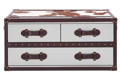 Orsina Brown and White Cowhide Coffee Table with 3 Storage Drawers