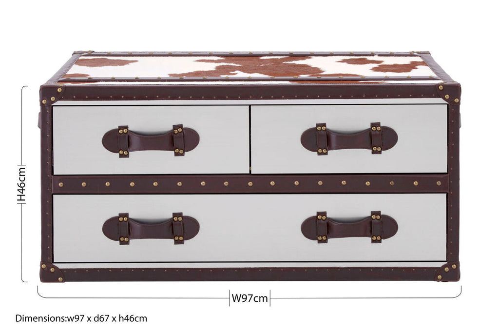 Orsina Brown and White Cowhide Coffee Table with 3 Storage Drawers