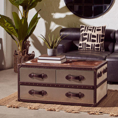 Orsina Brown and White Cowhide Coffee Table with 3 Storage Drawers