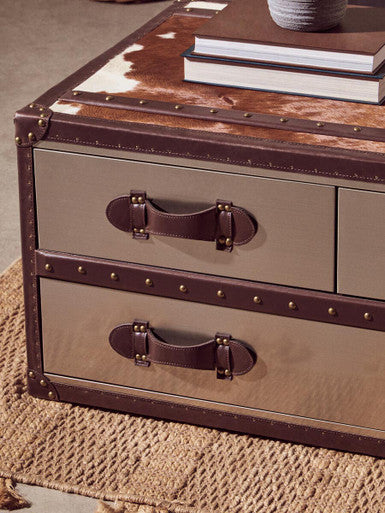 Orsina Brown and White Cowhide Coffee Table with 3 Storage Drawers
