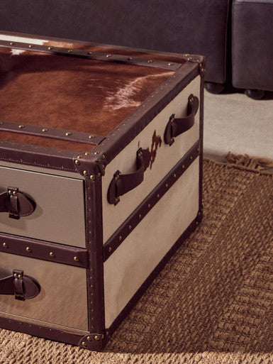 Orsina Brown and White Cowhide Coffee Table with 3 Storage Drawers