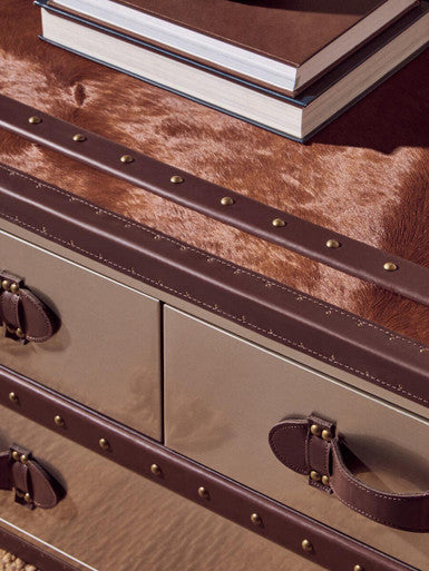 Orsina Brown and White Cowhide Coffee Table with 3 Storage Drawers