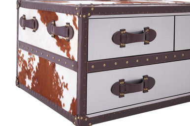 Orsina Brown and White Cowhide Coffee Table with 3 Storage Drawers