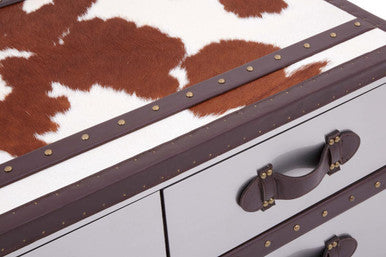 Orsina Brown and White Cowhide Coffee Table with 3 Storage Drawers