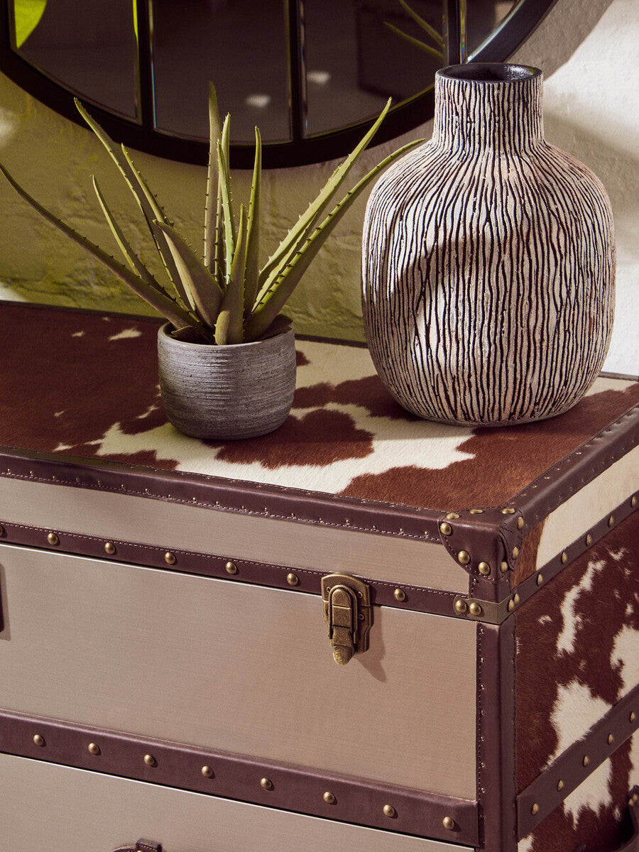 Orsina Kensington Cowhide Storage Cabinet – Brown and White Leather