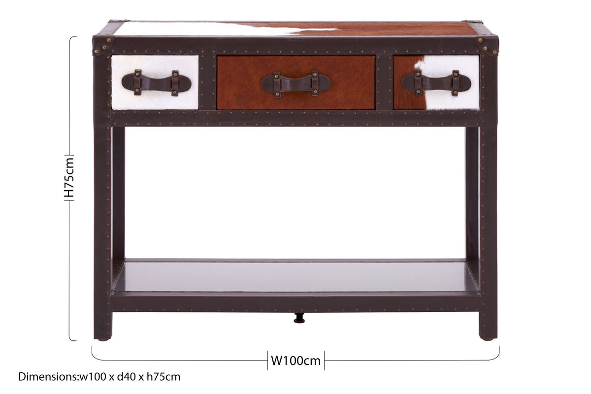 Orsina Kensington Cowhide 3-Drawer Console Table with Leather Trim