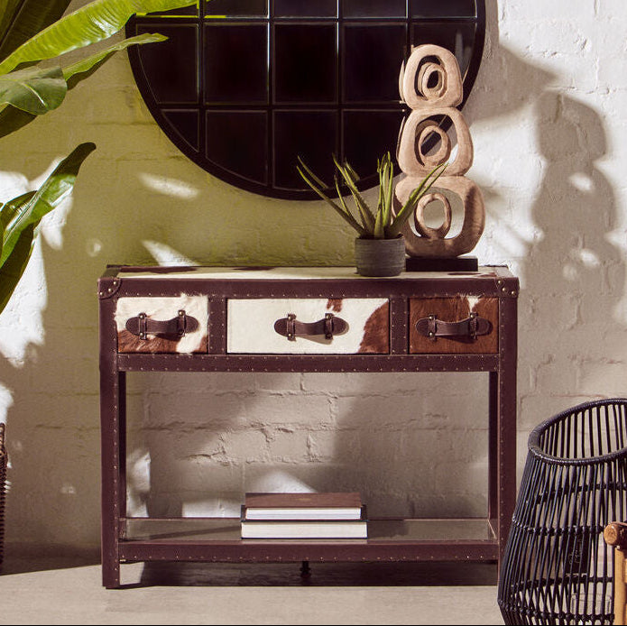 Orsina Kensington Cowhide 3-Drawer Console Table with Leather Trim