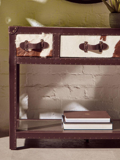Orsina Kensington Cowhide 3-Drawer Console Table with Leather Trim