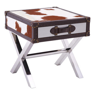 Orsina Cowhide Bedside Table – Brown & White Nightstand with Leather Handle