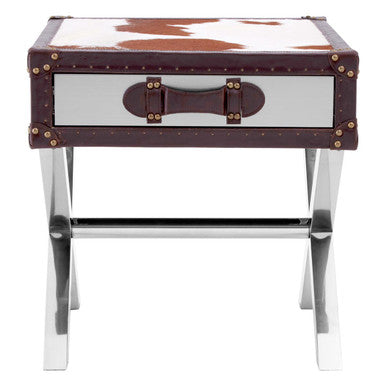 Orsina Cowhide Bedside Table – Brown & White Nightstand with Leather Handle
