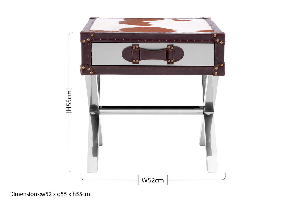 Orsina Cowhide Bedside Table – Brown & White Nightstand with Leather Handle