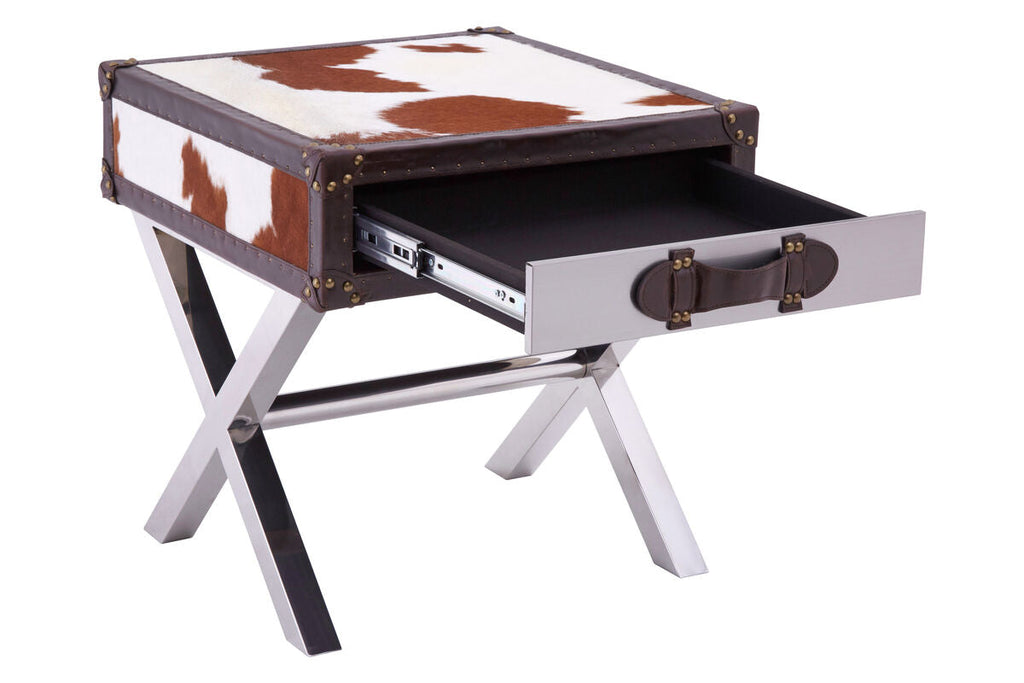 Orsina Cowhide Bedside Table – Brown & White Nightstand with Leather Handle