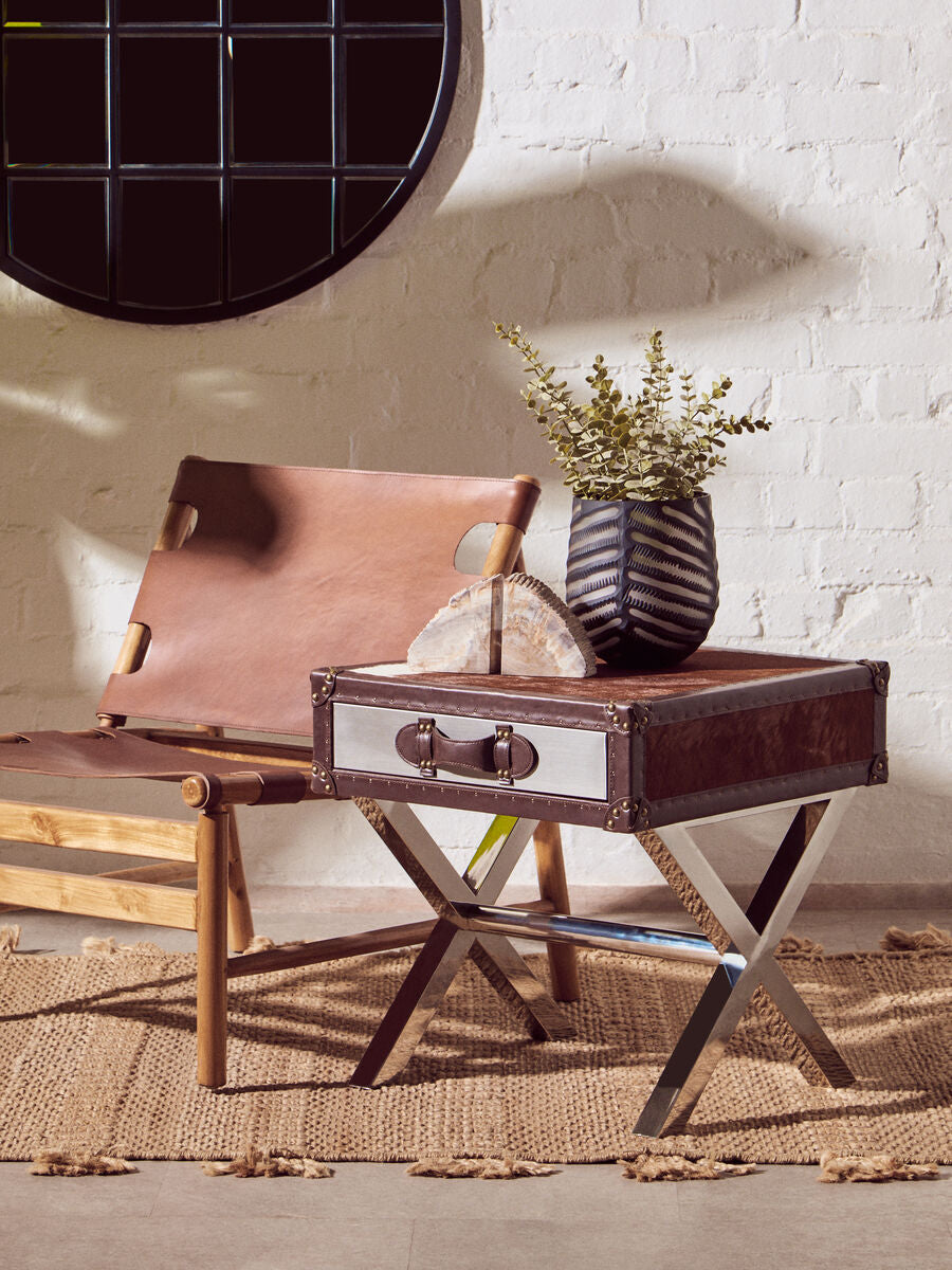 Orsina Cowhide Bedside Table – Brown & White Nightstand with Leather Handle