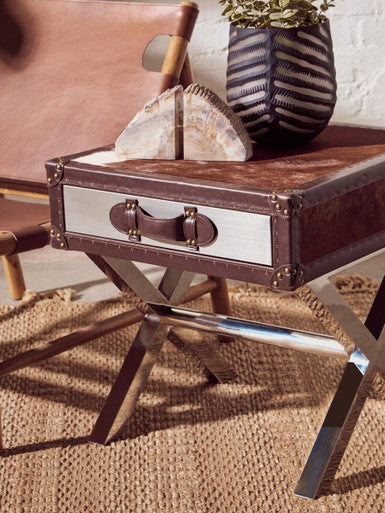 Orsina Cowhide Bedside Table – Brown & White Nightstand with Leather Handle