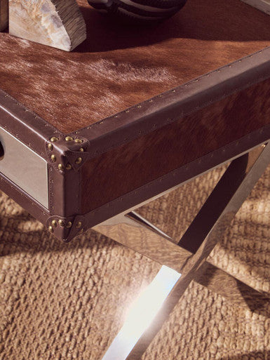 Orsina Cowhide Bedside Table – Brown & White Nightstand with Leather Handle