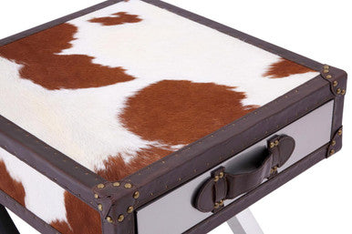 Orsina Cowhide Bedside Table – Brown & White Nightstand with Leather Handle