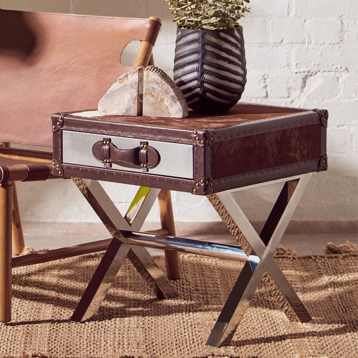 Orsina Cowhide Bedside Table – Brown & White Nightstand with Leather Handle
