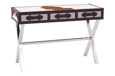 Orsina Brown and White Cowhide 3-Drawer Console Table | Stainless Steel