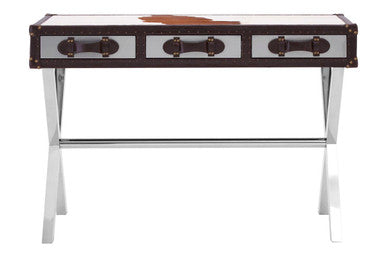 Orsina Brown and White Cowhide 3-Drawer Console Table | Stainless Steel