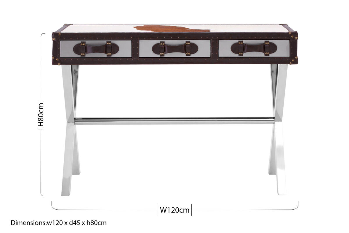 Orsina Brown and White Cowhide 3-Drawer Console Table | Stainless Steel