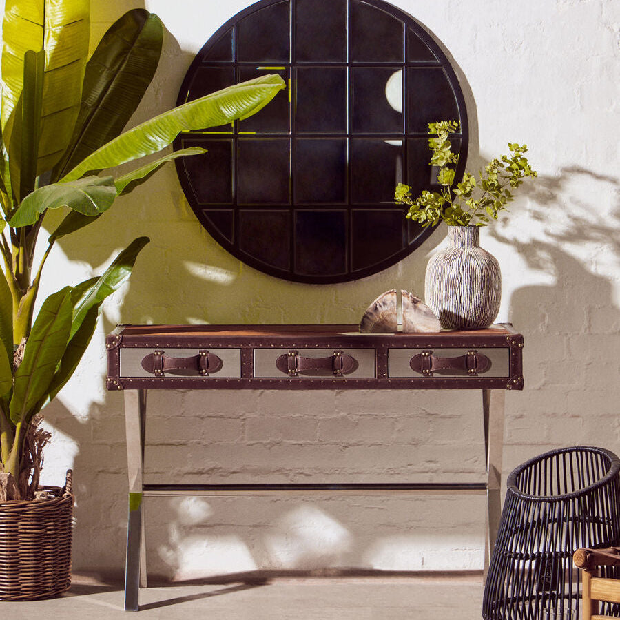 Orsina Brown and White Cowhide 3-Drawer Console Table | Stainless Steel