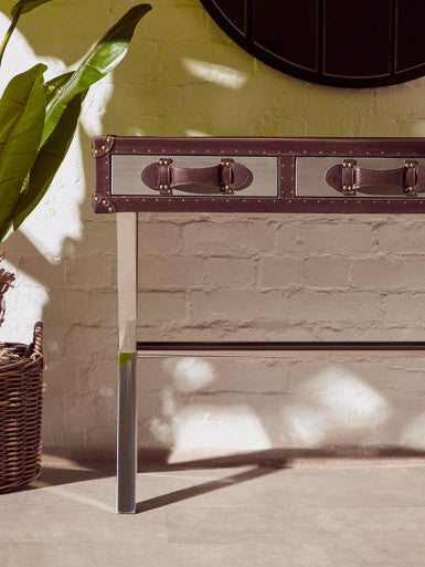 Orsina Brown and White Cowhide 3-Drawer Console Table | Stainless Steel