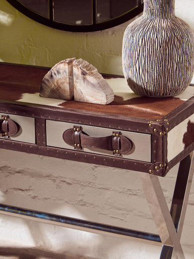 Orsina Brown and White Cowhide 3-Drawer Console Table | Stainless Steel