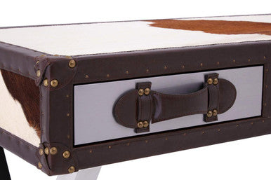 Orsina Brown and White Cowhide 3-Drawer Console Table | Stainless Steel