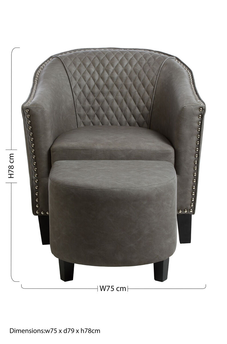 Orsina Derby Grey Faux Leather Tub Chair and Footstool Set