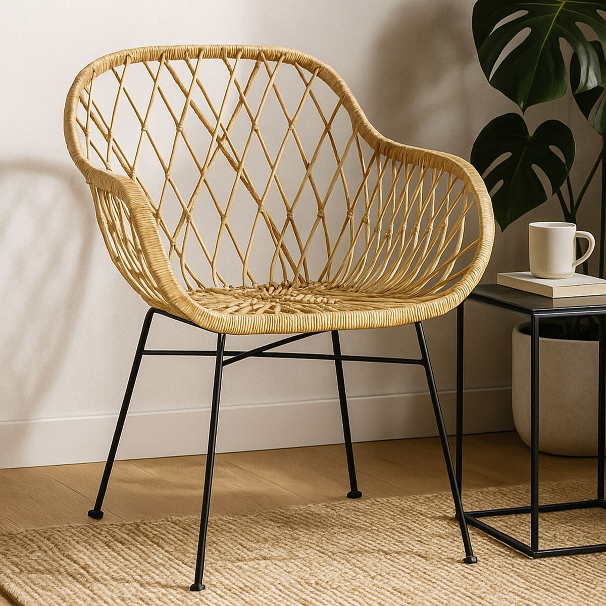 Orsina Java Rattan Accent Chair – Natural Weave with Black Legs