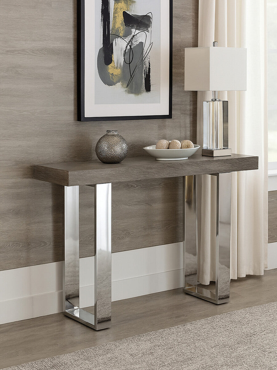 Orsina Ulmus Grey Elm Wood Console Table with Stainless Steel Legs