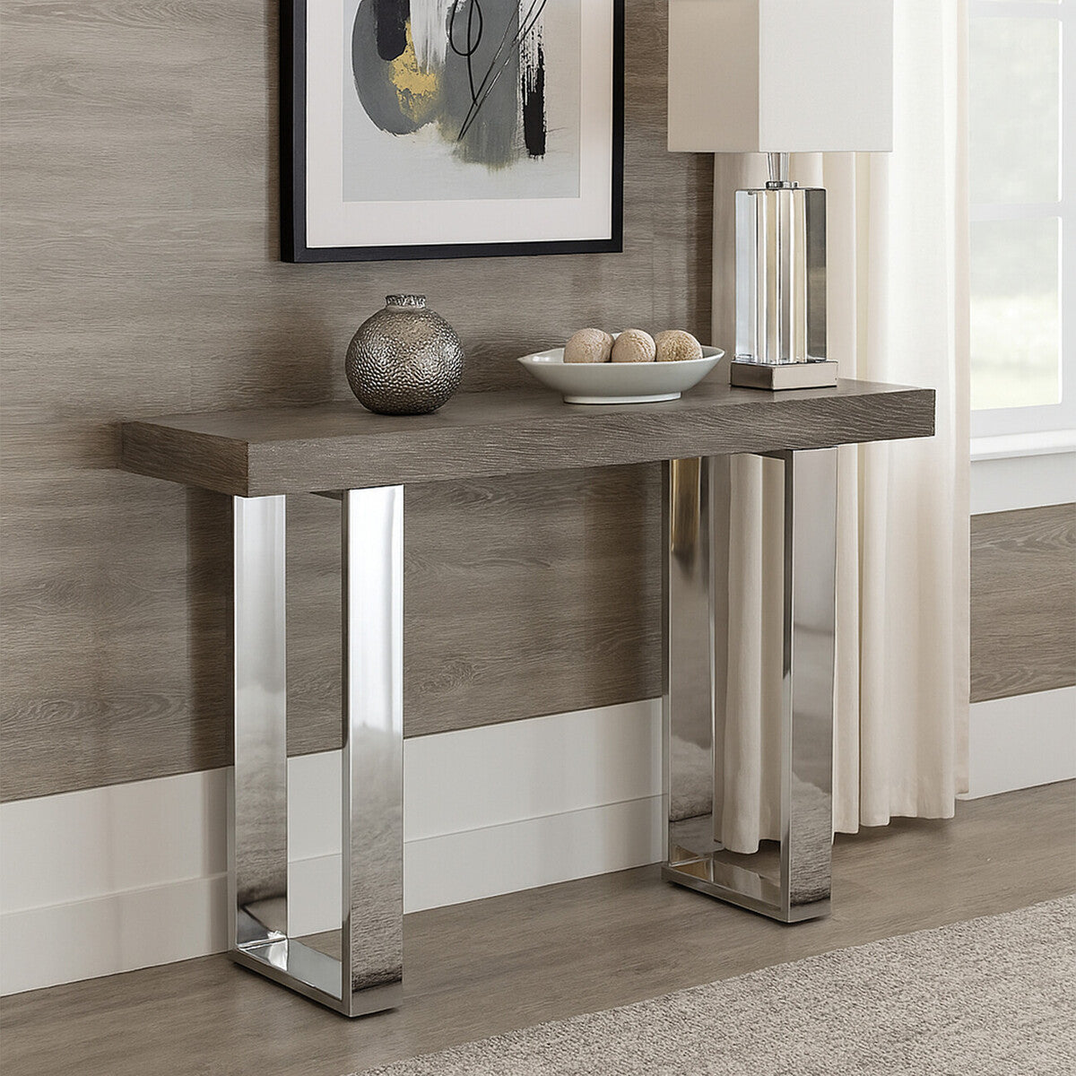 Orsina Ulmus Grey Elm Wood Console Table with Stainless Steel Legs