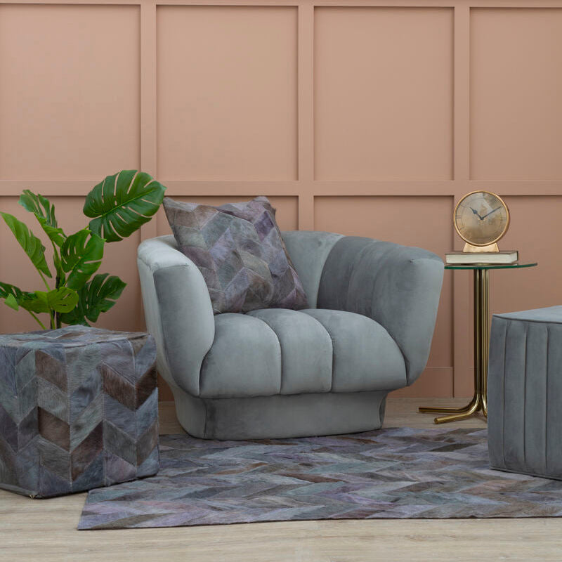 Orsina Safira Grey Leather Chevron Pouffe – Handcrafted Cowhide Ottoman