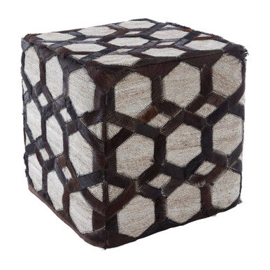 Orsina Safira Grey Genuine Leather Patchwork Pouffe | Geometric Ottoman