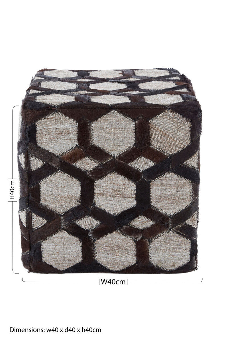 Orsina Safira Grey Genuine Leather Patchwork Pouffe | Geometric Ottoman
