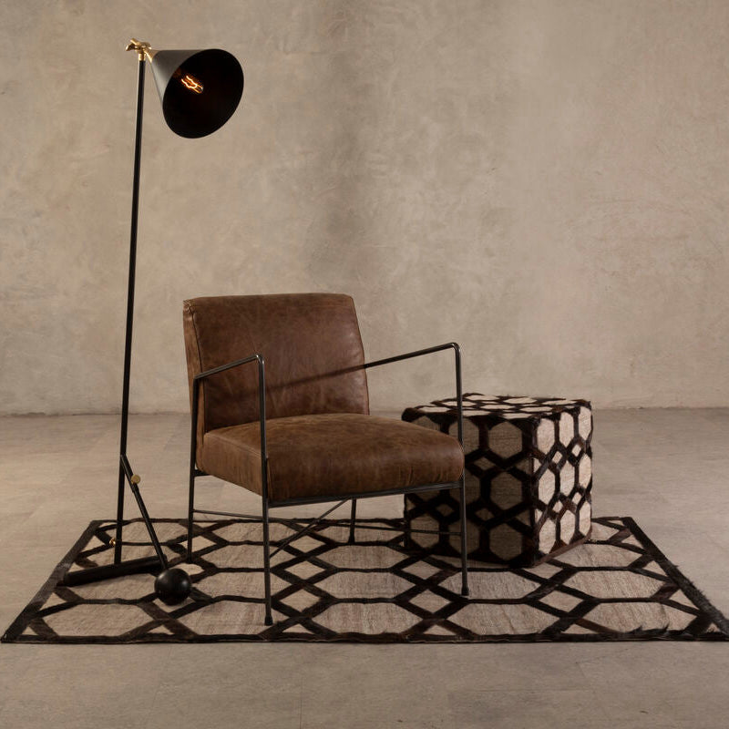 Orsina Safira Grey Genuine Leather Patchwork Pouffe | Geometric Ottoman
