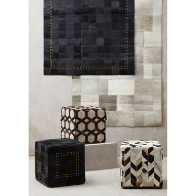 Orsina Safira Grey Genuine Leather Patchwork Pouffe | Geometric Ottoman