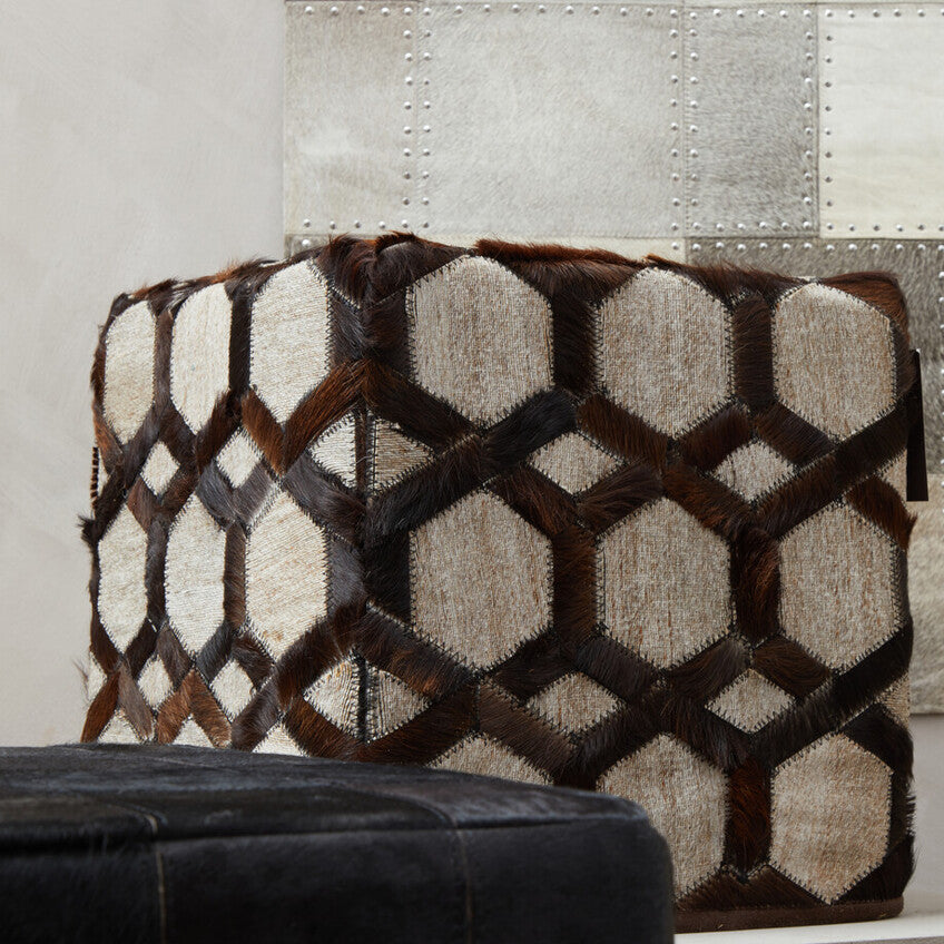 Orsina Safira Grey Genuine Leather Patchwork Pouffe | Geometric Ottoman