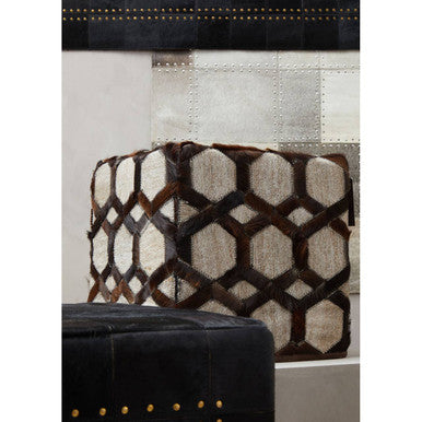 Orsina Safira Grey Genuine Leather Patchwork Pouffe | Geometric Ottoman