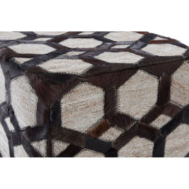 Orsina Safira Grey Genuine Leather Patchwork Pouffe | Geometric Ottoman