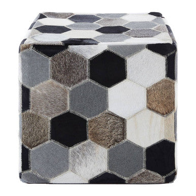 Orsina Safira Leather Patchwork Pouffe – Hand-Stitched Cowhide Ottoman