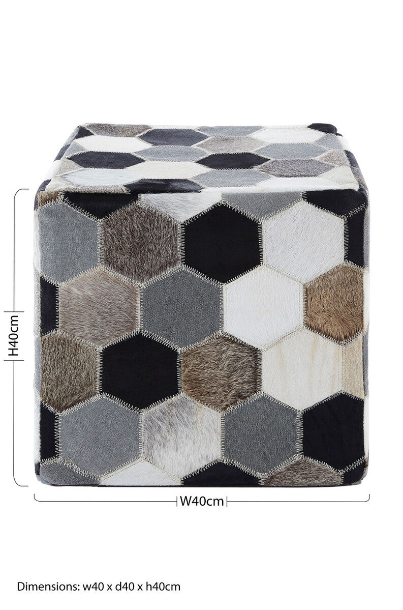 Orsina Safira Leather Patchwork Pouffe – Hand-Stitched Cowhide Ottoman